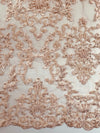 Helena BLUSH Embroidered Damask Pattern with Faux Pearls and Beads on Mesh Lace Fabric by the Yard - 10139