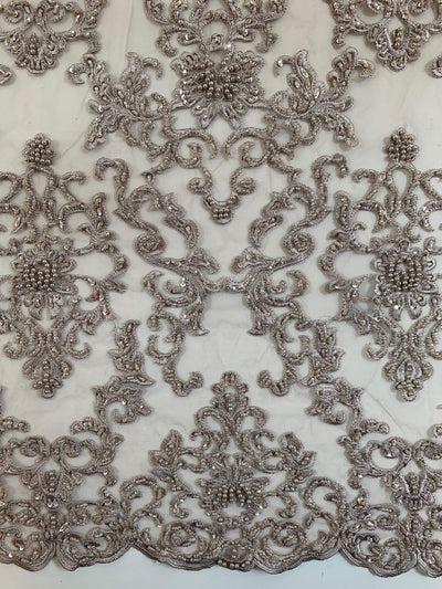 Helena TAUPE Embroidered Damask Pattern with Faux Pearls and Beads on Mesh Lace Fabric by the Yard - 10139