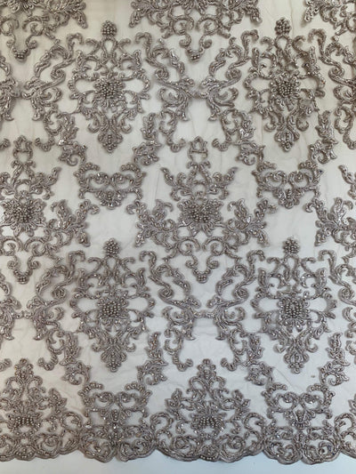 Helena TAUPE Embroidered Damask Pattern with Faux Pearls and Beads on Mesh Lace Fabric by the Yard - 10139