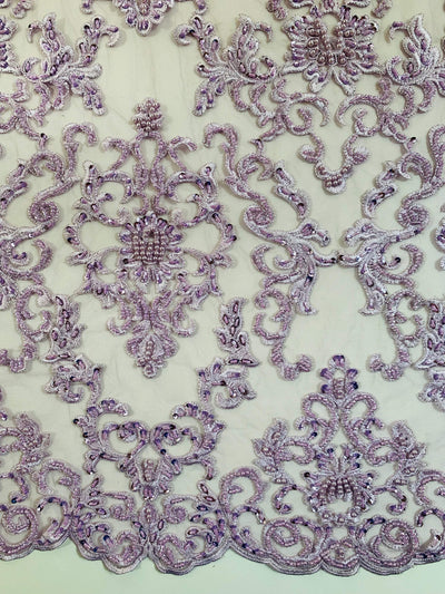 Helena LILAC Embroidered Damask Pattern with Faux Pearls and Beads on Mesh Lace Fabric by the Yard - 10139