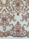 Helena DUSTY PINK Embroidered Damask Pattern with Faux Pearls and Beads on Mesh Lace Fabric by the Yard - 10139