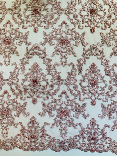 Helena DUSTY PINK Embroidered Damask Pattern with Faux Pearls and Beads on Mesh Lace Fabric by the Yard - 10139