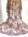 Helena DUSTY PINK Embroidered Damask Pattern with Faux Pearls and Beads on Mesh Lace Fabric by the Yard - 10139