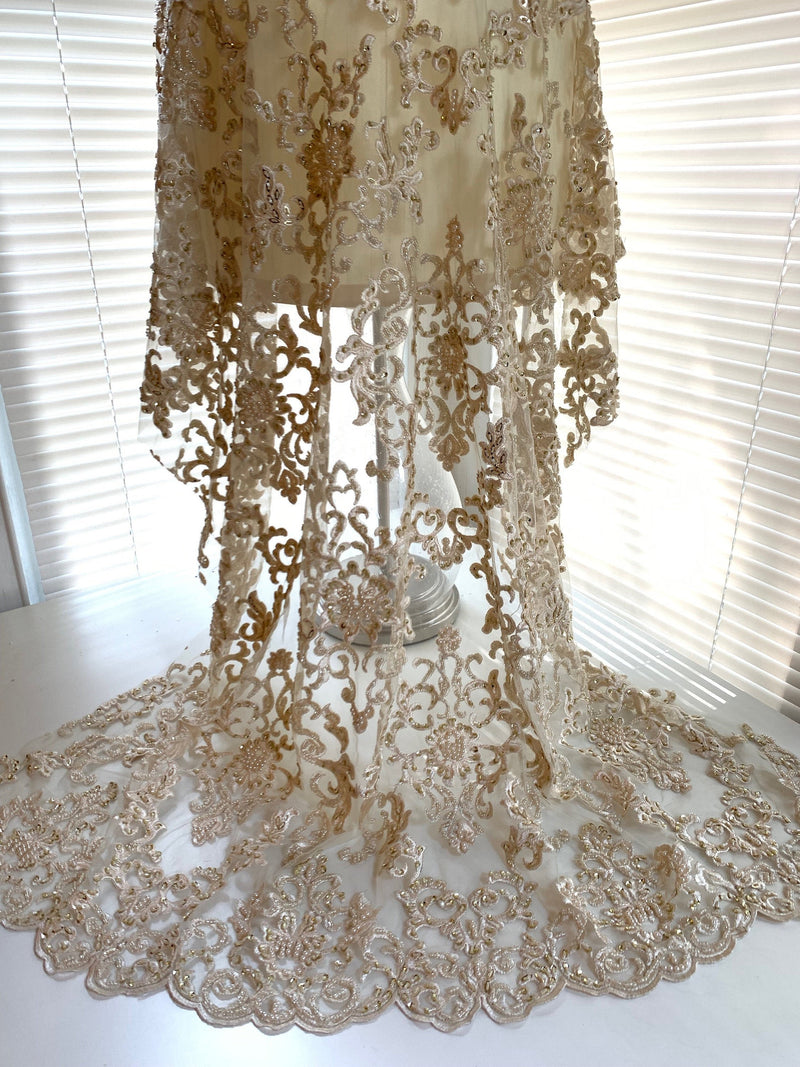 Helena CHAMPAGNE Embroidered Damask Pattern with Faux Pearls and Beads on Mesh Lace Fabric by the Yard - 10139