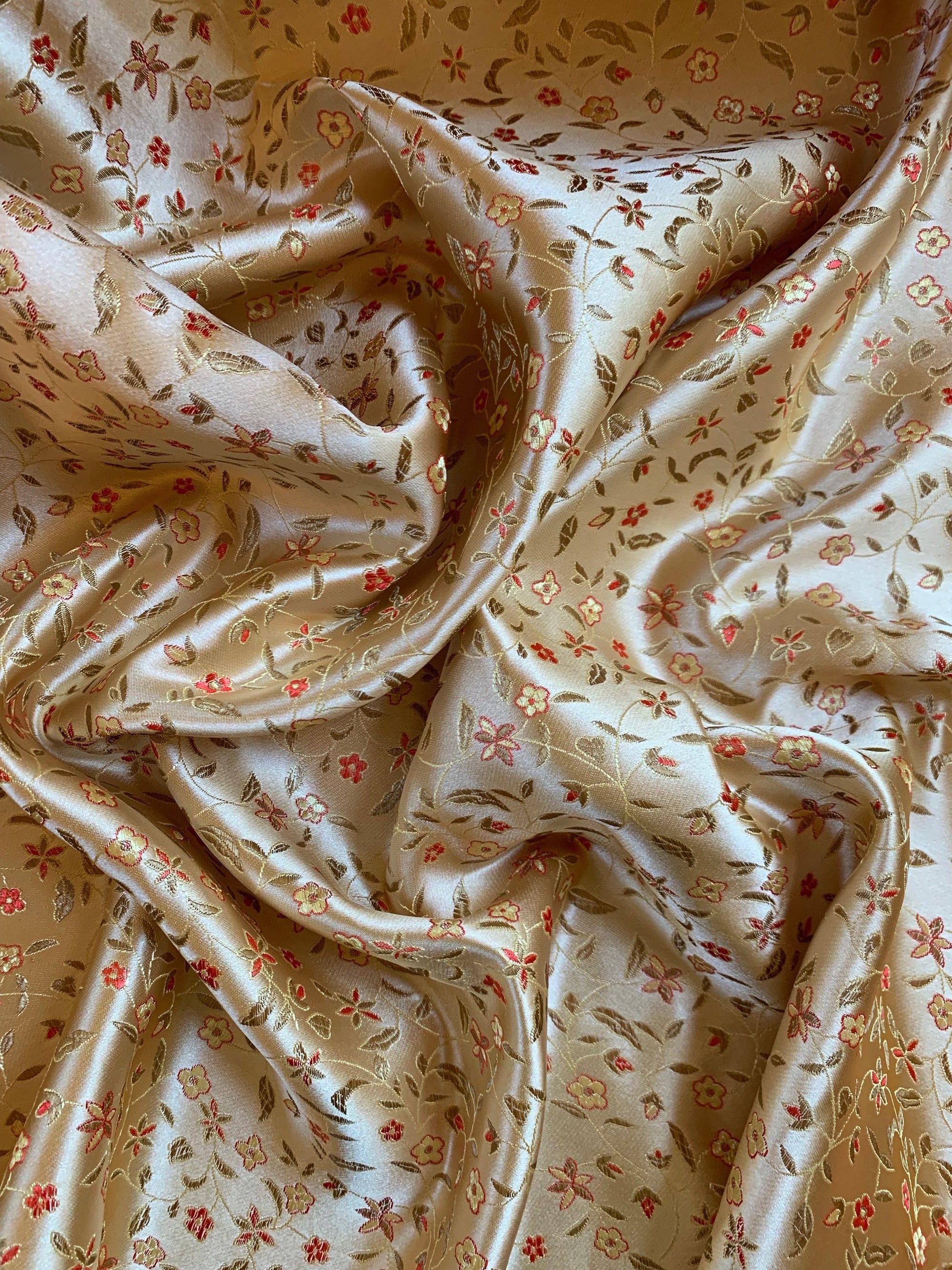 Vivienne GOLD RED Floral Brocade Chinese Satin Fabric by the Yard - 10041