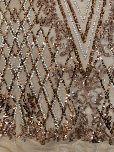 Averie BRONZE Geometric Butterfly Sequins on Mesh Lace Fabric by the Yard - 10113