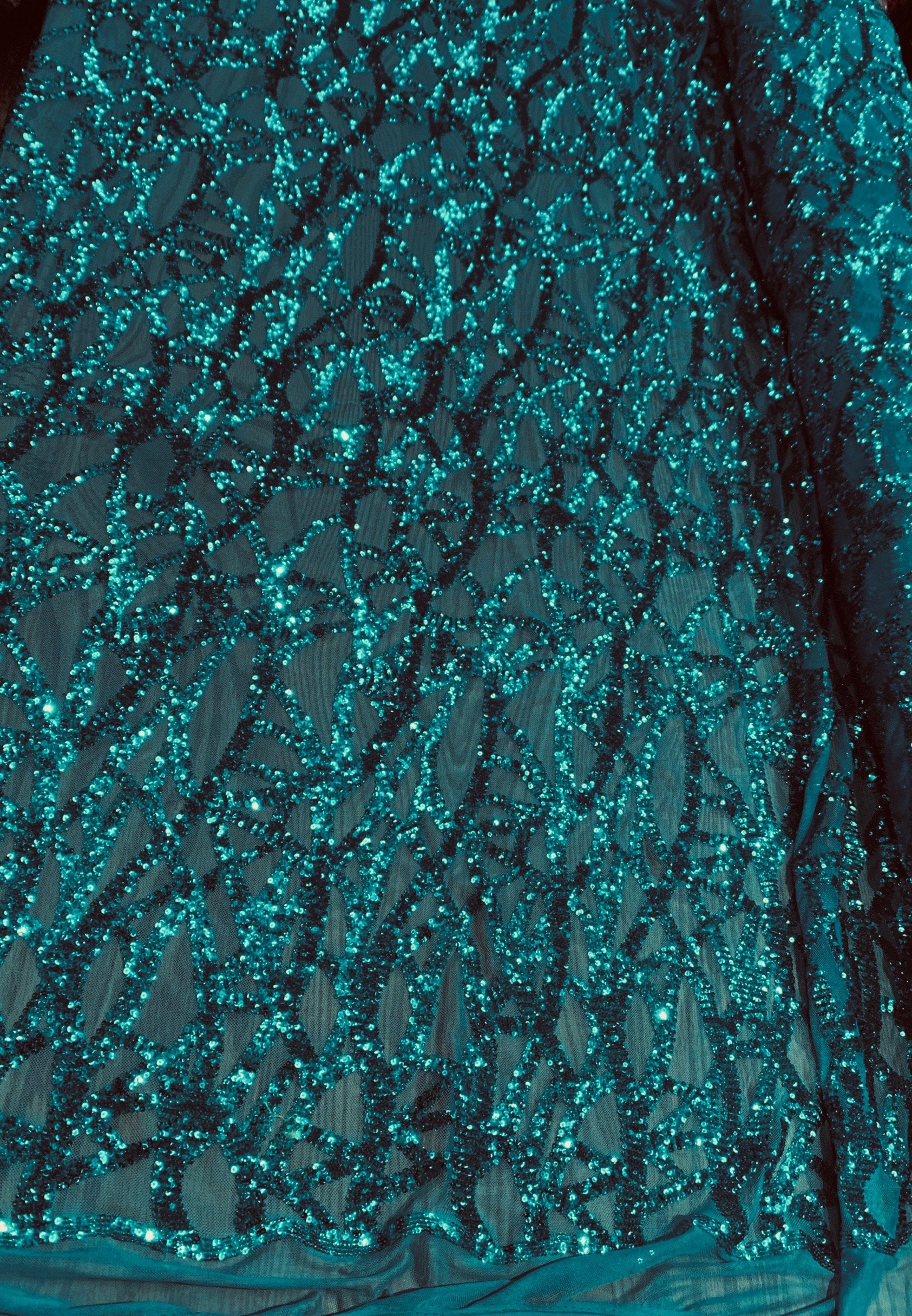 Celeste TEAL Sequins on Mesh Lace Fabric by the Yard - 10134