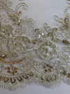 Ryleigh IVORY 3D Floral Embroidery with Foil & Sequins on Mesh Lace Fabric by the Yard - 10010