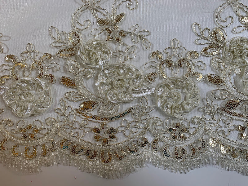 Ryleigh IVORY 3D Floral Embroidery with Foil & Sequins on Mesh Lace Fabric by the Yard - 10010