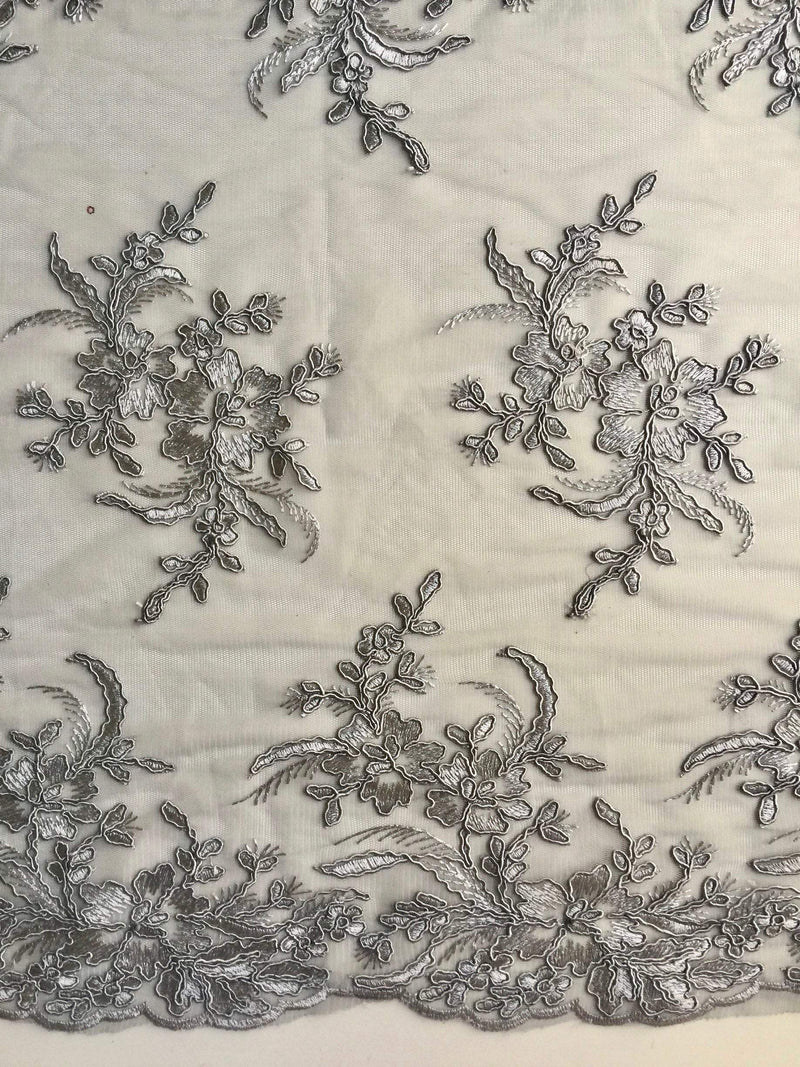 Callie GREY Polyester Floral Corsage Embroidery on Mesh Lace Fabric by the Yard - 10025