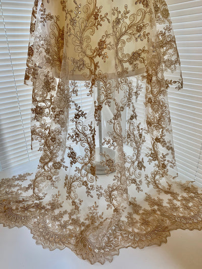 Melody TAUPE Polyester Floral Embroidery with Sequins on Mesh Lace Fabric by the Yard for Gown, Wedding, Bridesmaid, Prom - 10002
