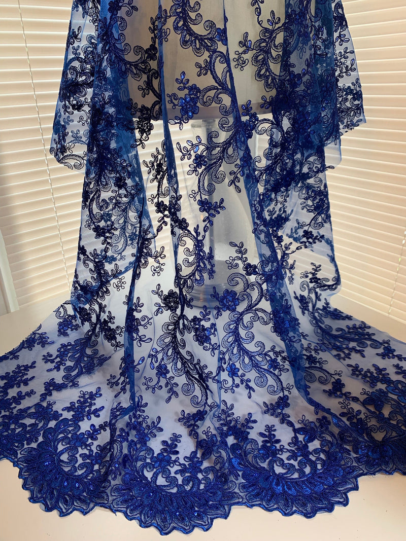 Melody ROYAL BLUE Polyester Floral Embroidery with Sequins on Mesh Lace Fabric by the Yard for Gown, Wedding, Bridesmaid, Prom