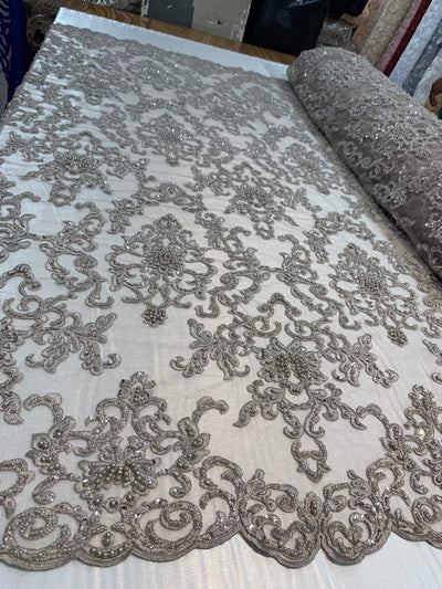 Helena TAUPE Embroidered Damask Pattern with Faux Pearls and Beads on Mesh Lace Fabric by the Yard - 10139