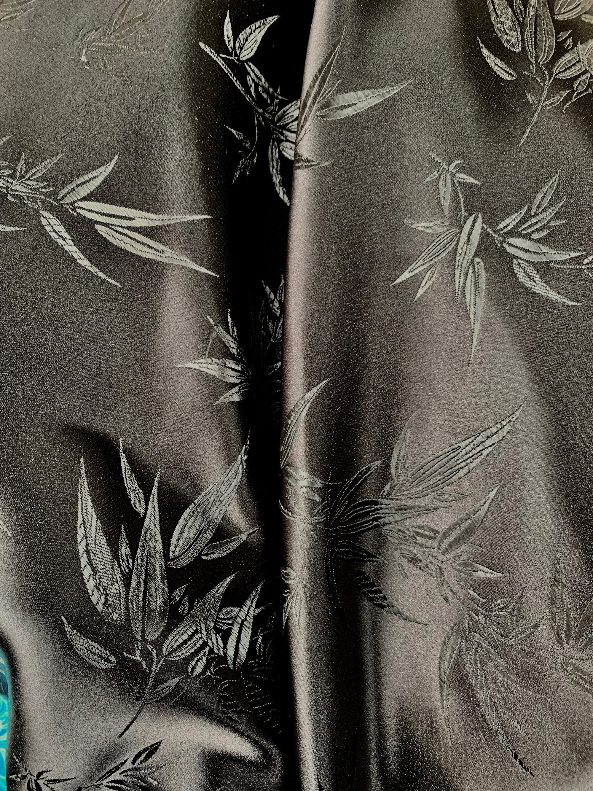 Alondra ALL BLACK Leaves Brocade Chinese Satin Fabric by the Yard - 10095