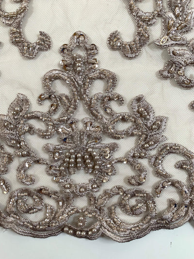 Helena TAUPE Embroidered Damask Pattern with Faux Pearls and Beads on Mesh Lace Fabric by the Yard - 10139