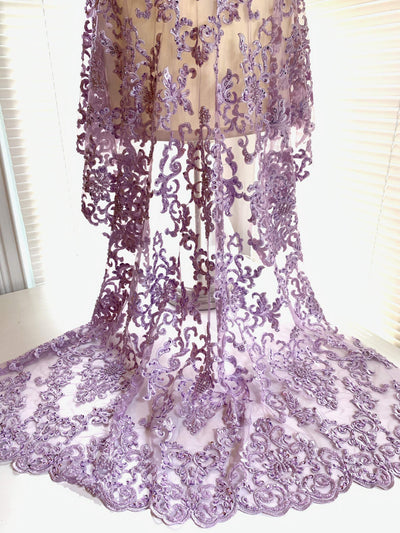 Helena LILAC Embroidered Damask Pattern with Faux Pearls and Beads on Mesh Lace Fabric by the Yard - 10139