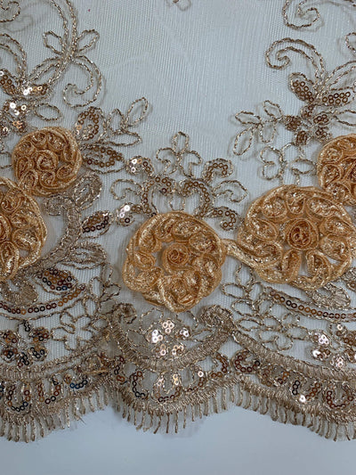 Ryleigh GOLD 3D Floral Embroidery with Foil & Sequins on Mesh Lace Fabric by the Yard - 10010