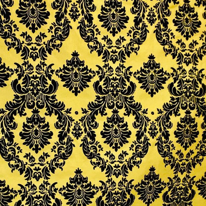 Amanda YELLOW Taffeta with Black Velvet Flocked Damask Fabric by the Yard - 10078
