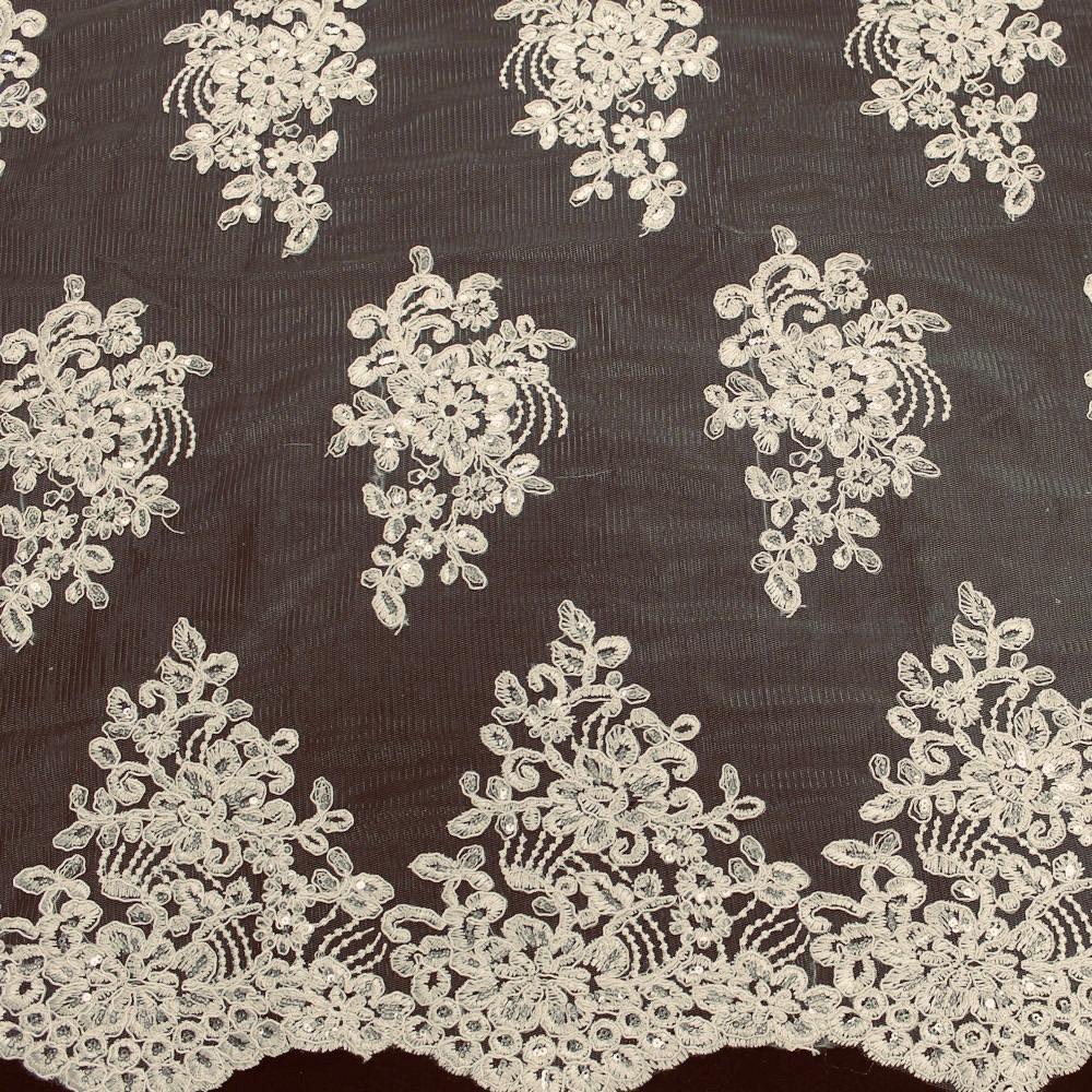 Brianna IVORY Polyester Floral Embroidery with Sequins on Mesh Lace Fabric by the Yard - 10020