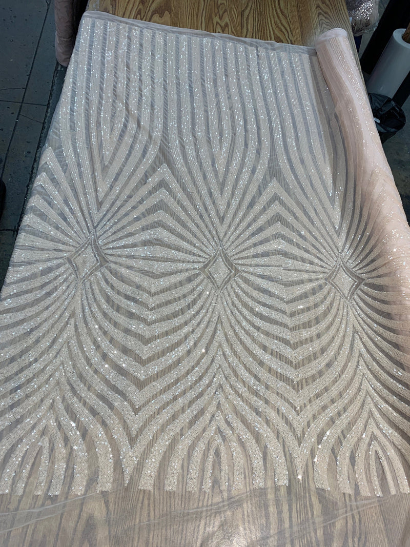 Maia BLUSH PEACH Geometric Sequins on Mesh Lace Fabric by the Yard