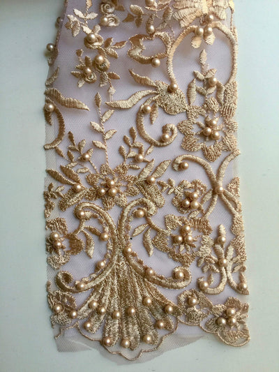 Daphne CHAMPAGNE GOLD Faux Pearls Beaded Flowers and Vines Lace Embroidery on Mesh Fabric by the Yard - 10103