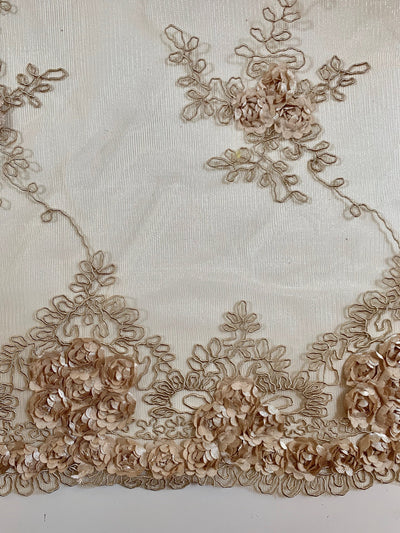 Andrea CHAMPAGNE 3D Floral Matte Corded Embroidery on Mesh Lace Fabric by the Yard - 10016