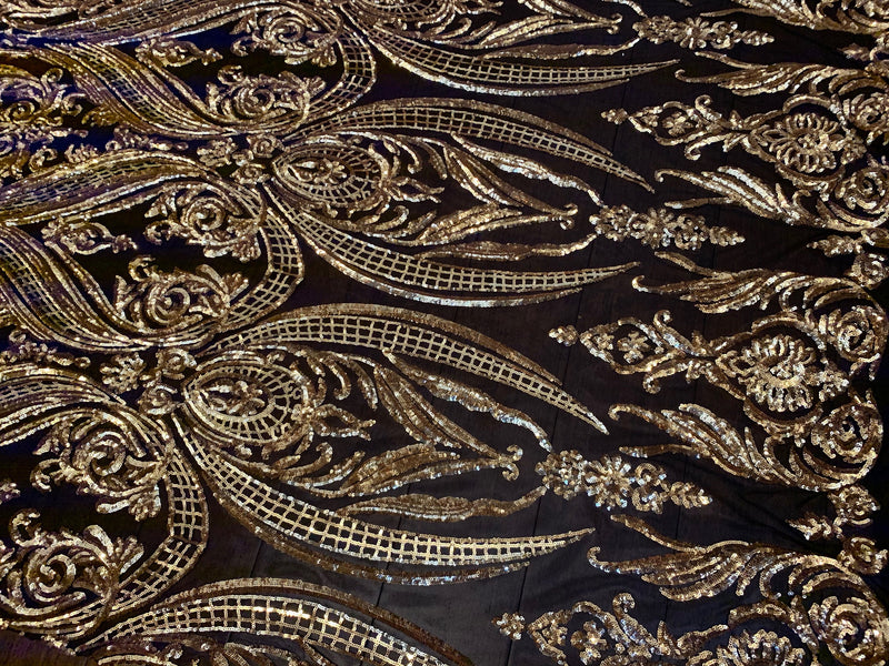 Alaina GOLD Curlicue Sequins on BLACK Mesh Lace Fabric by the Yard - 10018