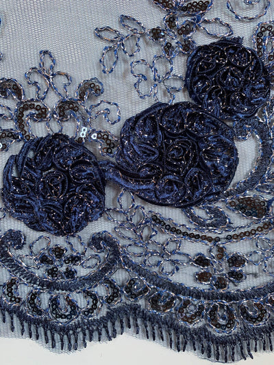 Ryleigh NAVY BLUE 3D Floral Embroidery with Foil & Sequins on Mesh Lace Fabric by the Yard - 10010
