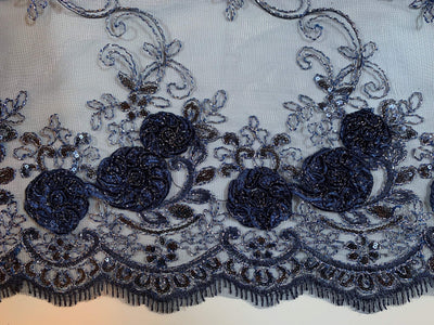 Ryleigh NAVY BLUE 3D Floral Embroidery with Foil & Sequins on Mesh Lace Fabric by the Yard - 10010