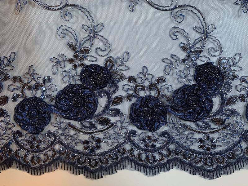 Ryleigh NAVY BLUE 3D Floral Embroidery with Foil & Sequins on Mesh Lace Fabric by the Yard - 10010