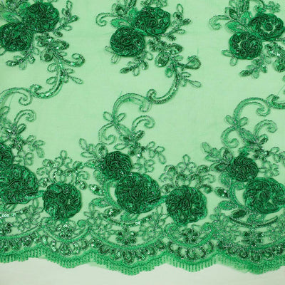 Ryleigh GREEN 3D Floral Embroidery with Foil & Sequins on Mesh Lace Fabric by the Yard - 10010