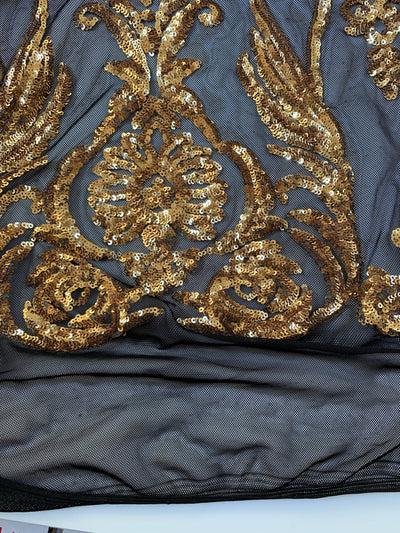 Alaina GOLD Curlicue Sequins on BLACK Mesh Lace Fabric by the Yard - 10018