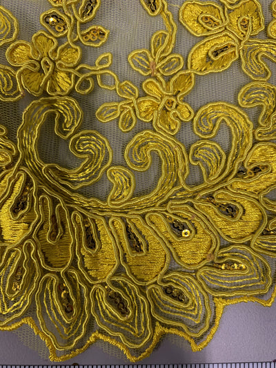Melody BRIGHT YELLOW Polyester Floral Embroidery with Sequins on Mesh Lace Fabric by the Yard for Gown, Wedding, Bridesmaid, Prom - 10002