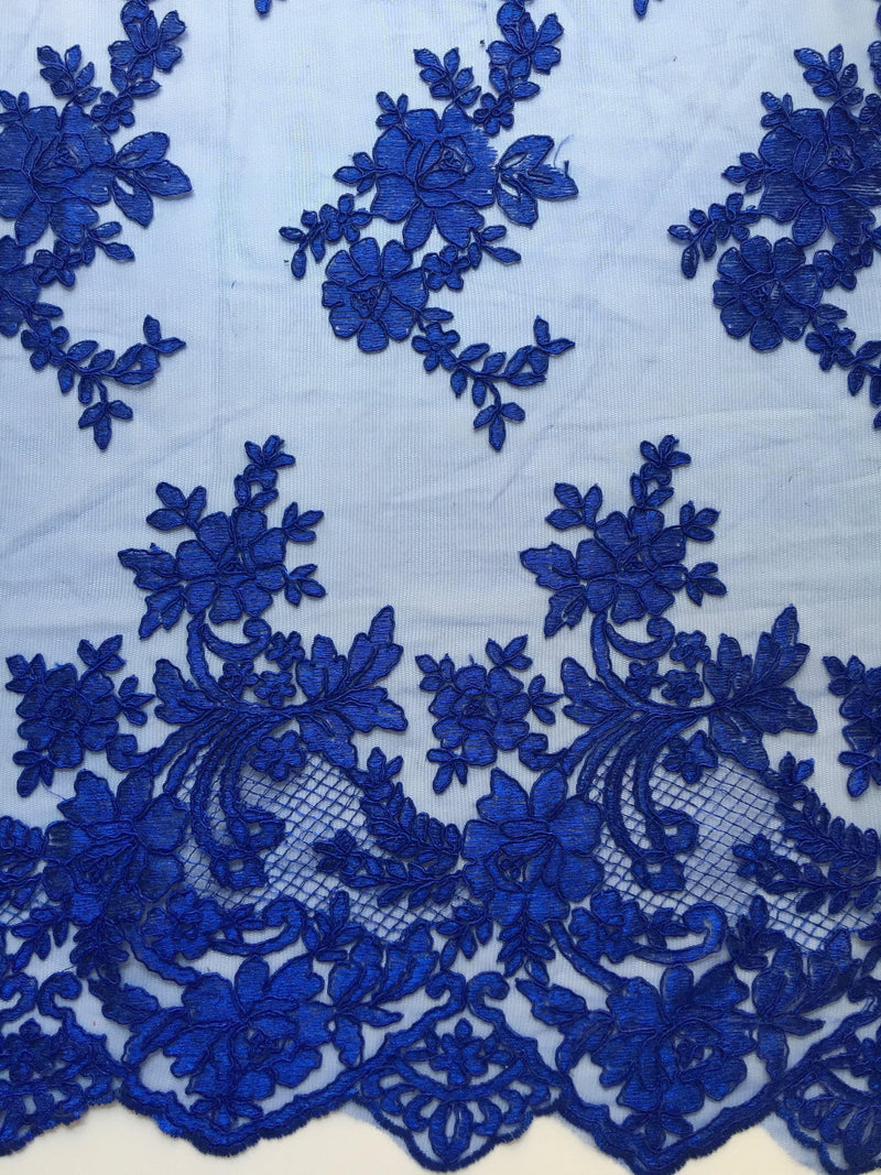 Diana ROYAL BLUE Polyester Corded Floral Embroidery on Mesh Lace Fabric by the Yard - 10064
