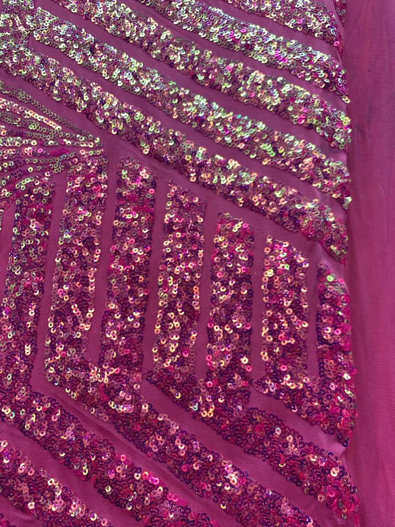 Thea IRIDESCENT PINK Geometric Sequins Diamond & Stripes on Mesh Lace Fabric by the Yard - 10026