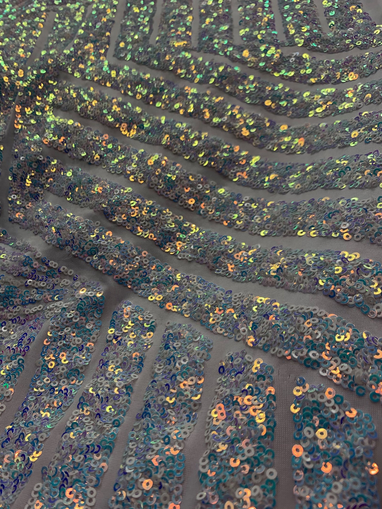 Thea IRIDESCENT SILVER Geometric Sequins Diamond & Stripes on Mesh Lace Fabric by the Yard - 10026