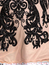 Alaina BLACK Curlicue Sequins on NUDE Mesh Lace Fabric by the Yard - 10018