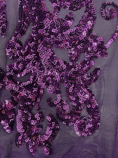 Alaina PURPLE Curlicue Sequins on Mesh Lace Fabric by the Yard - 10018