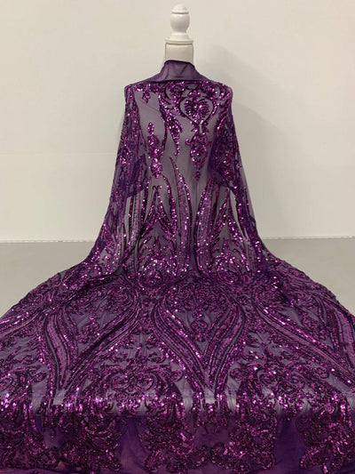 Alaina PURPLE Curlicue Sequins on Mesh Lace Fabric by the Yard - 10018