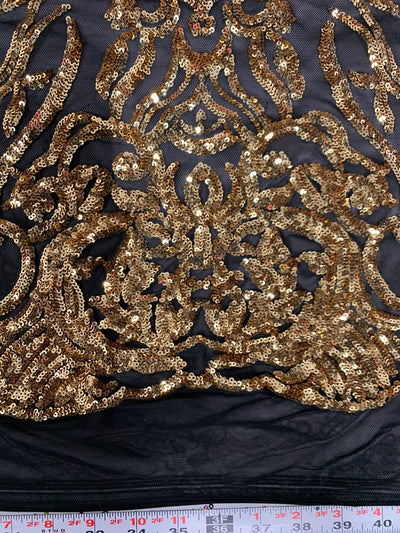 Phoebe GOLD Sequins on BLACK Mesh Lace Fabric by the Yard - 10062