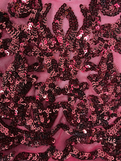 Phoebe BURGUNDY Sequins on Mesh Lace Fabric by the Yard - 10062