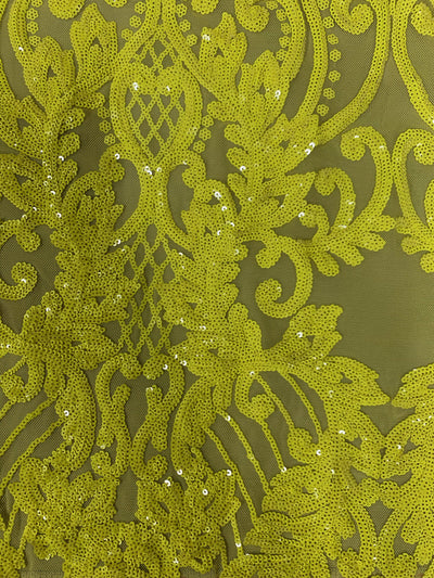 Angelica BRIGHT YELLOW Curlicues and Leaves Sequins on Mesh Lace Fabric by the Yard - 10132