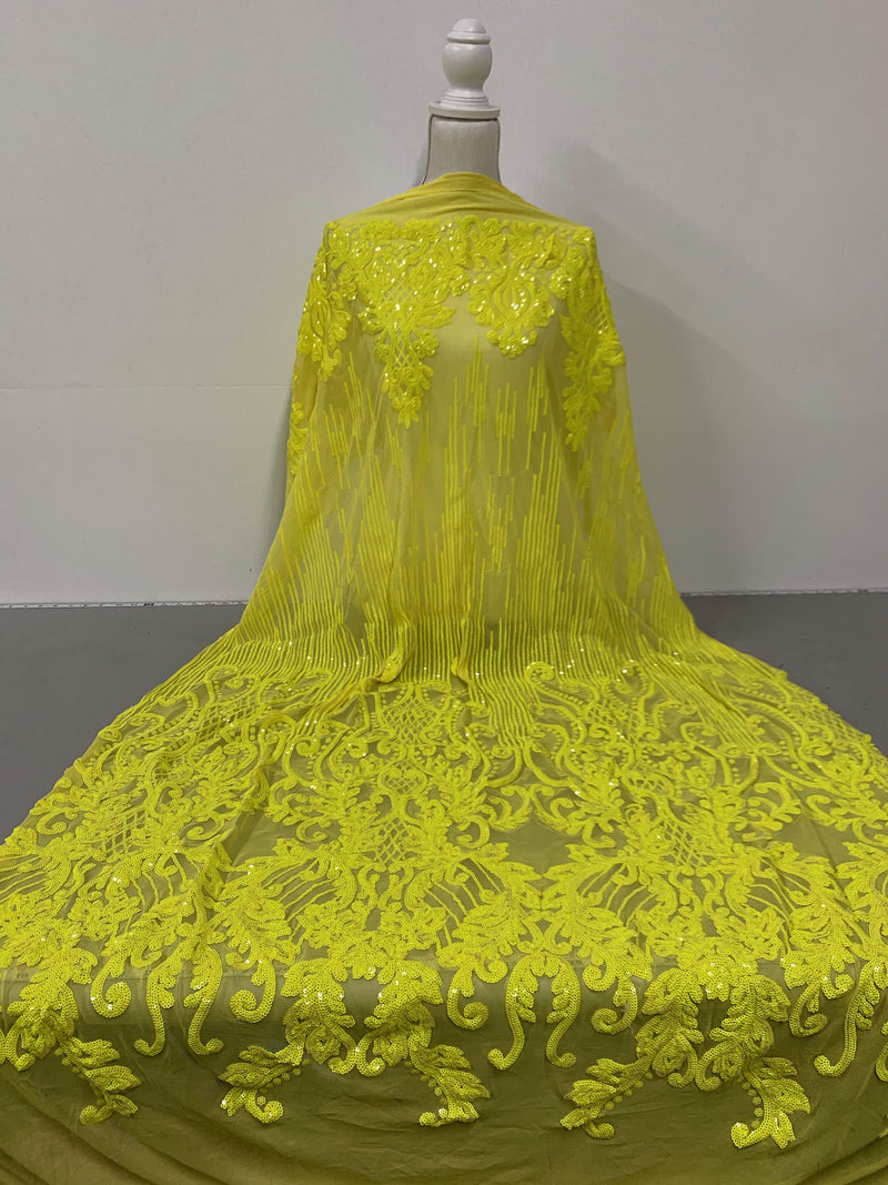 Angelica BRIGHT YELLOW Curlicues and Leaves Sequins on Mesh Lace Fabric by the Yard - 10132
