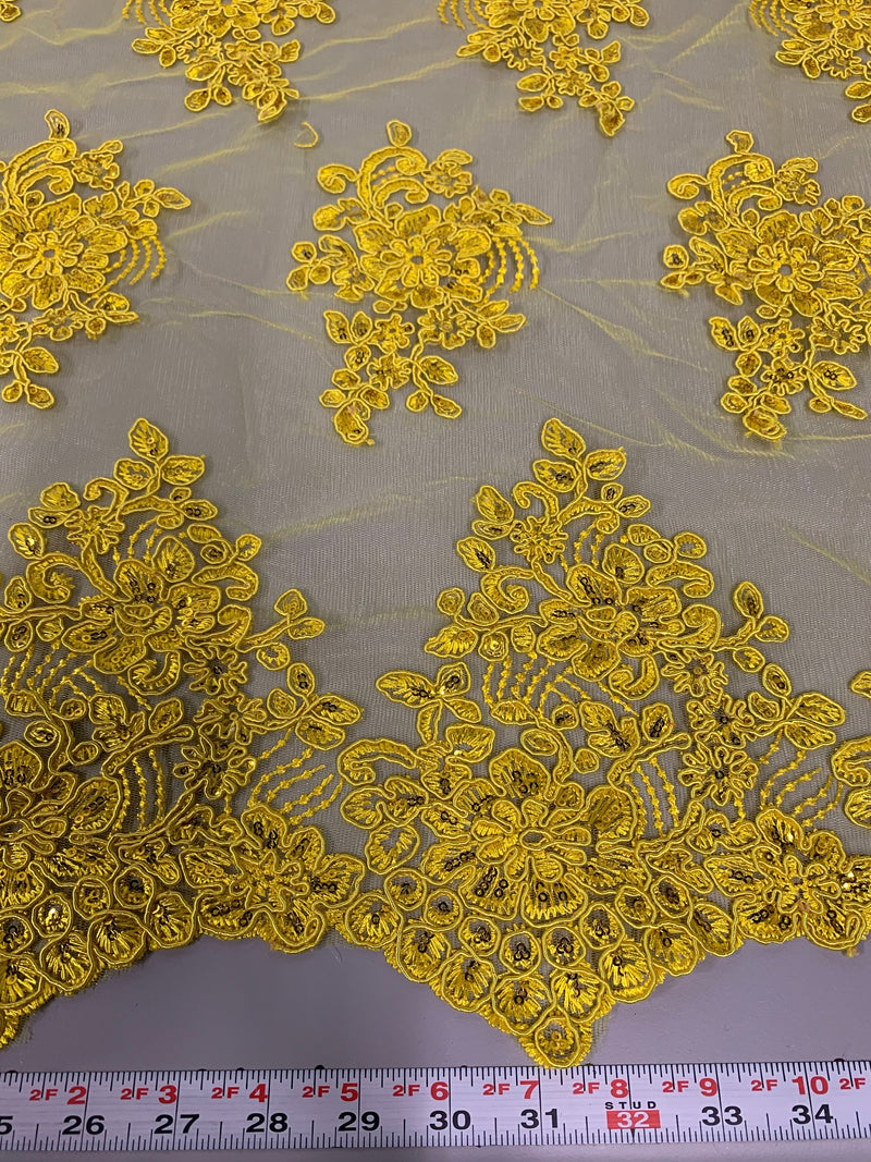 Brianna BRIGHT YELLOW Polyester Floral Embroidery with Sequins on Mesh Lace Fabric by the Yard