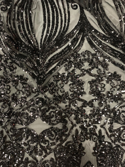 Kara BLACK Hearts and Flowers Sequins on Mesh Lace Fabric by the Yard - 10148