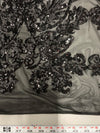 Kara BLACK Hearts and Flowers Sequins on Mesh Lace Fabric by the Yard - 10148
