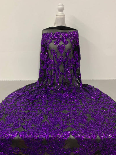 Kara PURPLE Hearts and Flowers Sequins on Mesh Lace Fabric by the Yard - 10148