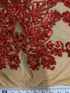 Kara RED Hearts and Flowers Sequins on NUDE Mesh Lace Fabric by the Yard - 10148