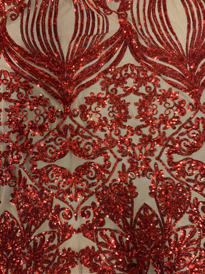 Kara RED Hearts and Flowers Sequins on NUDE Mesh Lace Fabric by the Yard - 10148