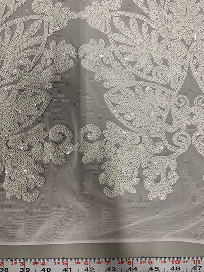 Kara WHITE Hearts and Flowers Sequins on Mesh Lace Fabric by the Yard - 10148